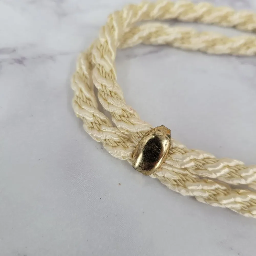 Vintage Cream Rope Belt with Gold Toned Cloissone Floral Enamel Seashell Buckle